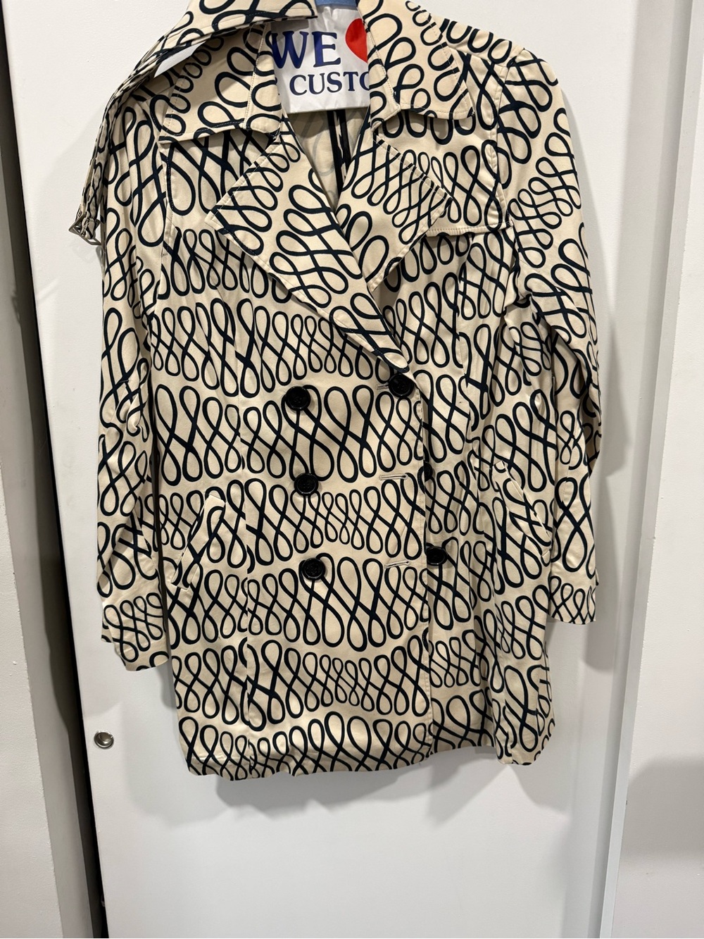 Cream & Black Graphic Loop Print Double-Breasted Jacket (doubles as rain jacket)